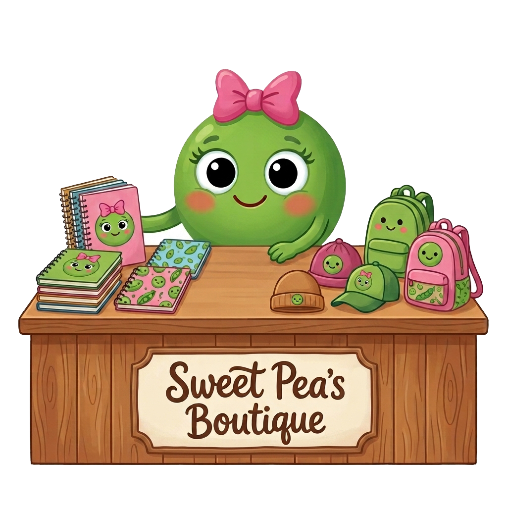 Sweet Pea's Boutique with Planet Pea notebooks, hats, and backpacks